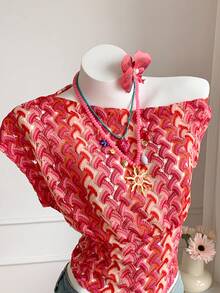 Comfortcana Women's Casual Hollow-Out Asymmetric Collar Knit T-Shirt - Hot Pink - View 3