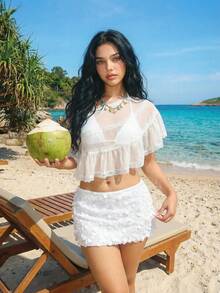 Sweetina Women's Asymmetrical Chiffon Lace Ruffle Trim Cover Up - Apricot - View 3