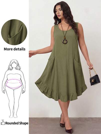 Enliva 大码乡村风格无袖口袋褶边 A 字及膝连衣裙，黄色，春夏