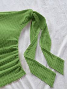 Soleia Vacation Sexy Asymmetrical Shoulder Tie Strap Flowy Fitted Light Yellow Top, Suitable For Party, Vacation, Music Festival, Bohemian, Holiday Date, Afternoon Tea - Green - View 6