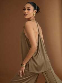 Hauture Textured Halter Neck Backless Top - Dark Green - View 6