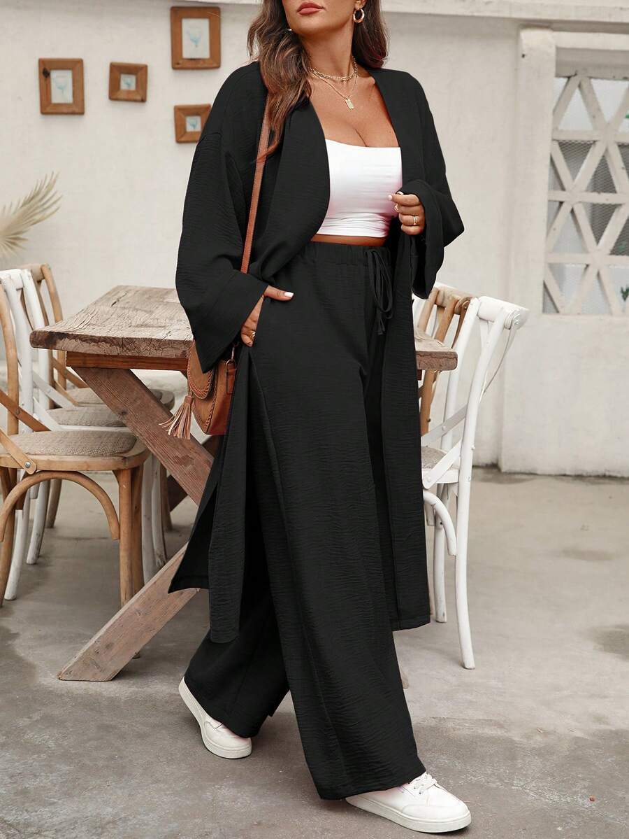 EMERY ROSE Conjunto casual de vacaciones de dos piezas: camisa larga tipo cardigan de talla grande y pantalones rectos - Negro - Ver 1