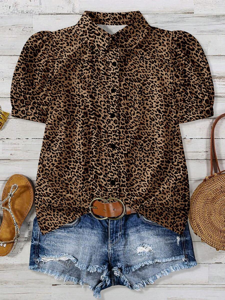 EMERY ROSE Camisa de mujer talla grande de estilo casual con estampado de leopardo y cuello abierto - Multicolor - Ver 1