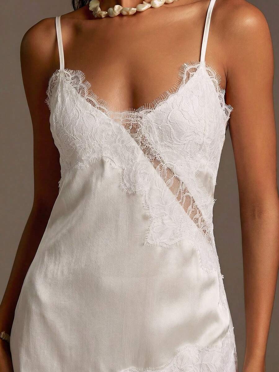 Athîral 女士休闲不对称吊带露肩无袖浪漫性感蓝色蕾丝上衣 - 杏色 - 查看 1