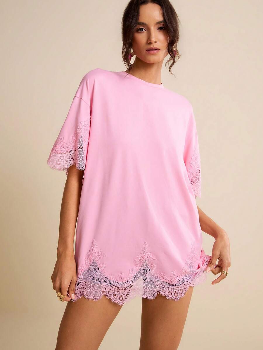 LOTSLUV 女士宽松休闲粉色蕾丝拼接T恤，春夏款 - 粉色 - 查看 1