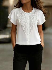 Louniche Women's Solid Color Round Neck Short Sleeve Minimalist Blouse White Elegant Top Lace White Top Tops For Women Elegant White Boho Top Blouse Summer Lace Blouses For Women White Lace Top White Tops For Women Elegant White Blouse Women's White Top Working Blouse Women's Blouse Women's Tops And Blouses - White - View 4