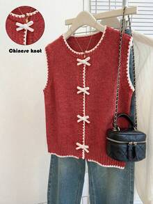 Franclia New Korean Design Contrast Stitching Layered Knit Vest For Women, Fashionable Casual Sleeveless Cardigan Sweater Top For Autumn/Winter - Redwood - View 10