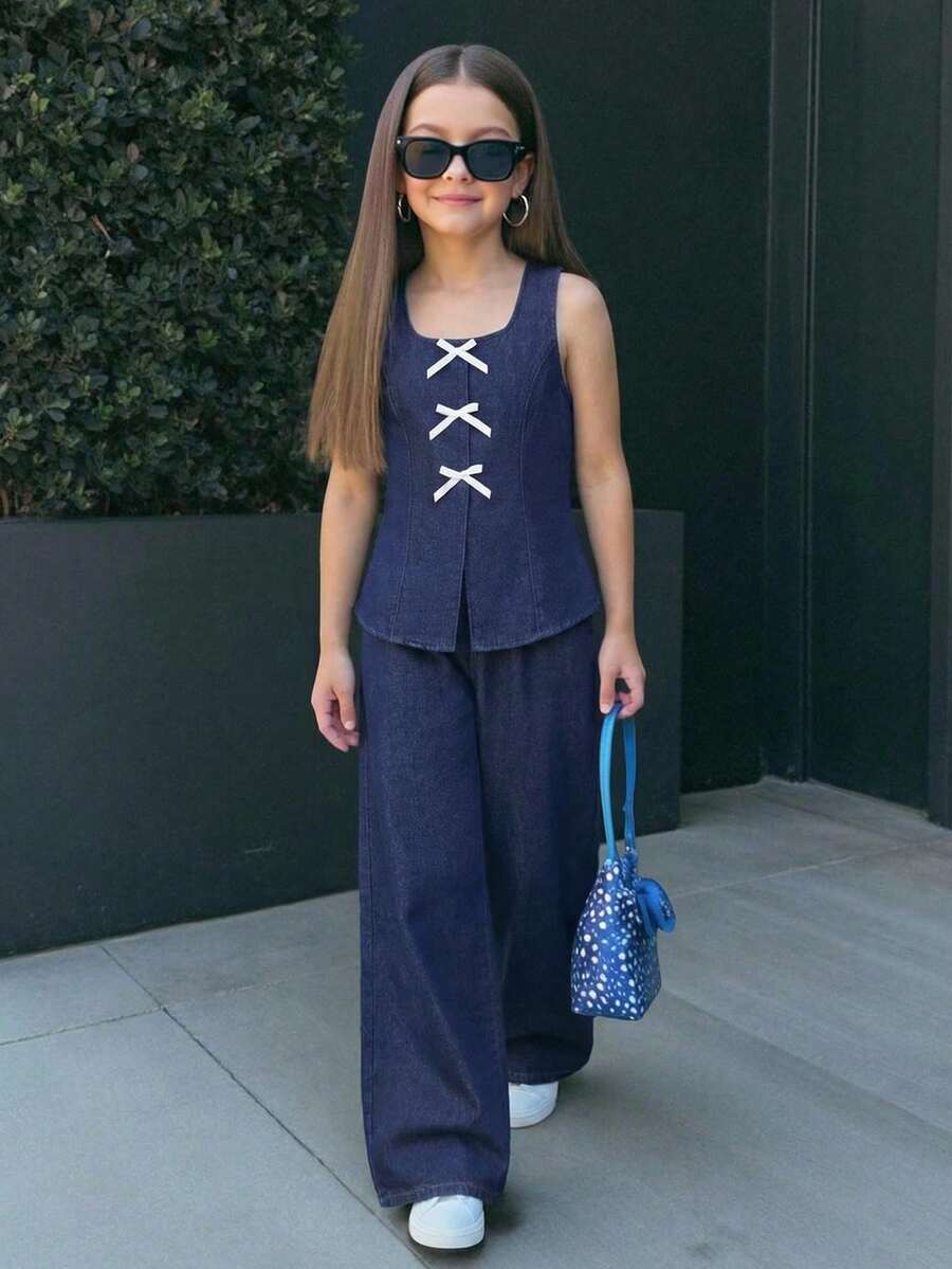 SHEIN 2件套少女海军蓝牛仔宽松无袖背心和裤子套装 - 深色水洗藍 - 查看 1