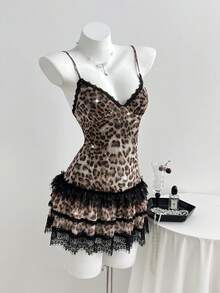 Elamini 复古豹纹亮片V领收腰A字蕾丝边女士短款连衣裙，春夏款 - 彩色 - 查看 4