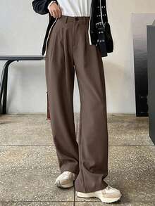 DAZY 女士纯色褶裥休闲通勤裤 - 鏽棕色 - 查看 6