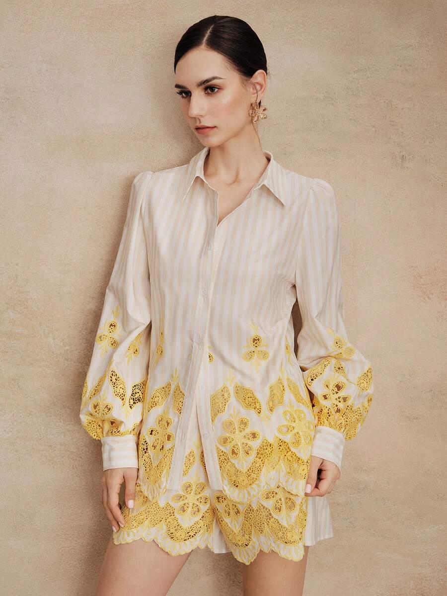Anewsta 新款夏季度假装条纹印花定位镂空刺绣宽松舒适女士优雅衬衫 - 黃色 - 查看 1