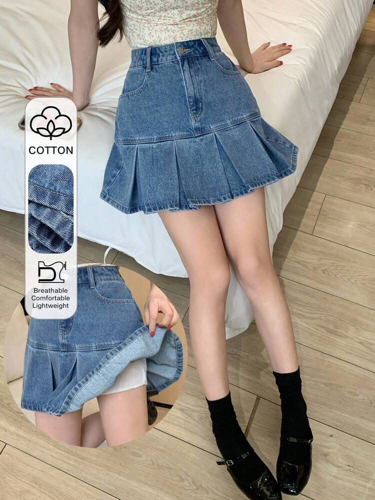 Women's Casual Pleated Denim Mini Skirt, Streetwear Style, Suitable For Summer And Spring
