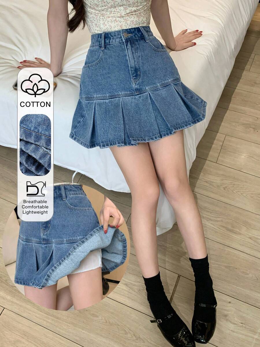 DAZY Women's Casual Pleated Denim Mini Skirt, Streetwear Style, Suitable For Summer And Spring - Blue - View 1