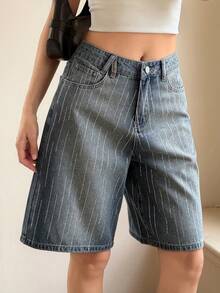 Livesso Women's Shiny Rhinestone Vintage Washed Loose Casual Street Music Festival Textured Striped Denim Shorts, Suitable For Summer And Spring Jorts - Medium Wash - View 8