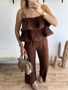 Serisse Damen Sommer Lässig Modischer Resort Stil einfarbiger Volant Träger Weite Bein Jumpsuit - Kaffeebraun - Übersicht 1