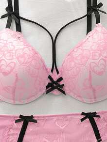 DelicateAllure 2pcs Underwire Padded Bra Set, Lace Patchwork, Ruffle Trim, Heart Floral Lace, Cute & Fresh Comfy Balconette Lingerie Set For Women Push Up Bra And Panty Sets Lingerie Set Push Up Bra And Underwear Sets Bra Sets For Women Lingerie For Women Sets - Pink - View 6