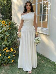 Firerie 女士优雅精致新款简约百搭日常通勤连衣裙，适合情人节约会、派对、婚礼和正式场合，100%棉麻竹纤维不对称下摆中长连衣裙 - 白色 - 查看 3