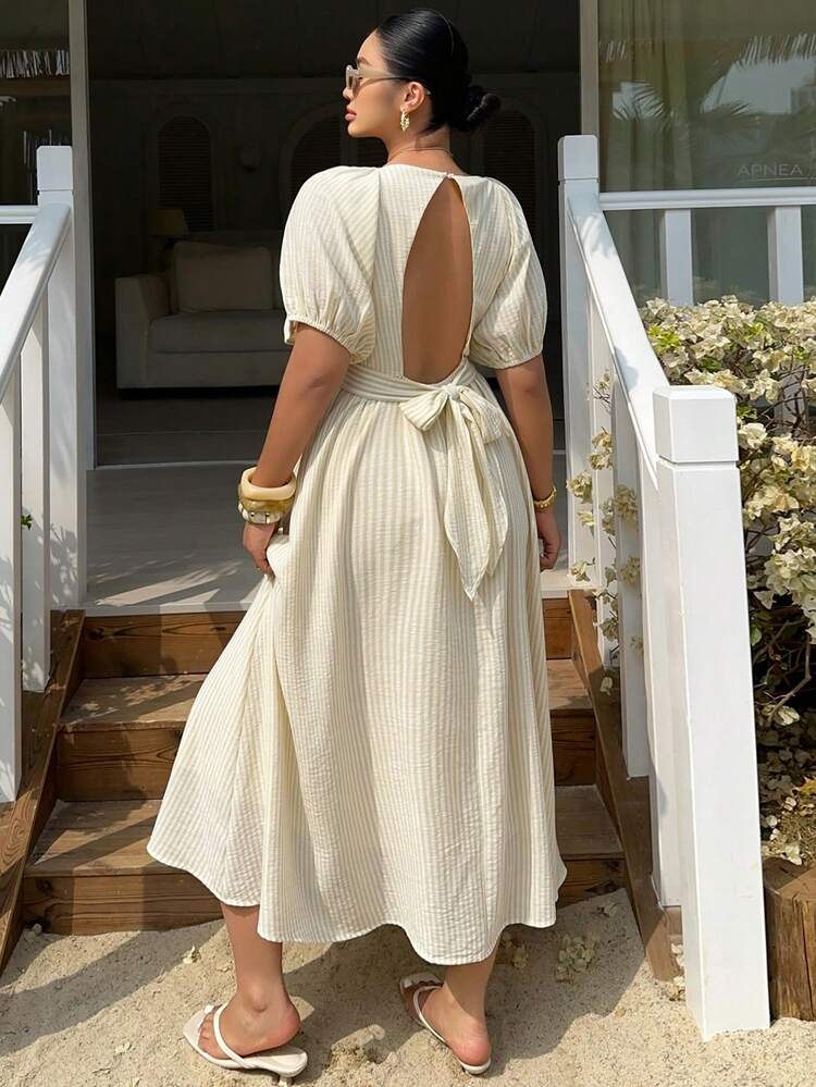 Dazy Plus Plus Size Striped Backless Tie-Up Short Sleeve Waist Cinched Long Dress, Vacation Style, Spring/Summer Sun Dresses For Women
