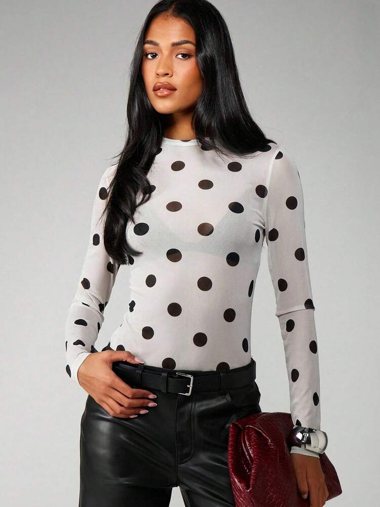 MISSGUIDED Polka Dot Long Sleeve Mesh Top With Round Neckline For Layering And Casual Everyday Wear