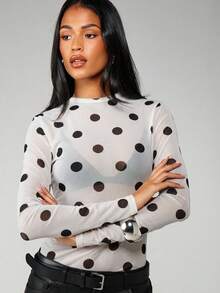 MISSGUIDED Blusa de manga larga con cuello redondo y estampado de lunares, ideal para usar por capas y para uso casual diario - Blanco - Ver 5