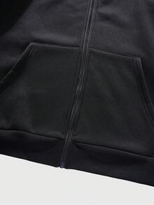 ROMWE MEN 男士休闲日常拉链抓绒连帽卫衣，秋冬款 - 黑色 - 查看 3