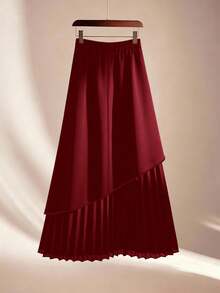 GlowEve CURVE Plus Size Women Asymmetrical Patchwork Pleated Skirt - Burgundy - View 2