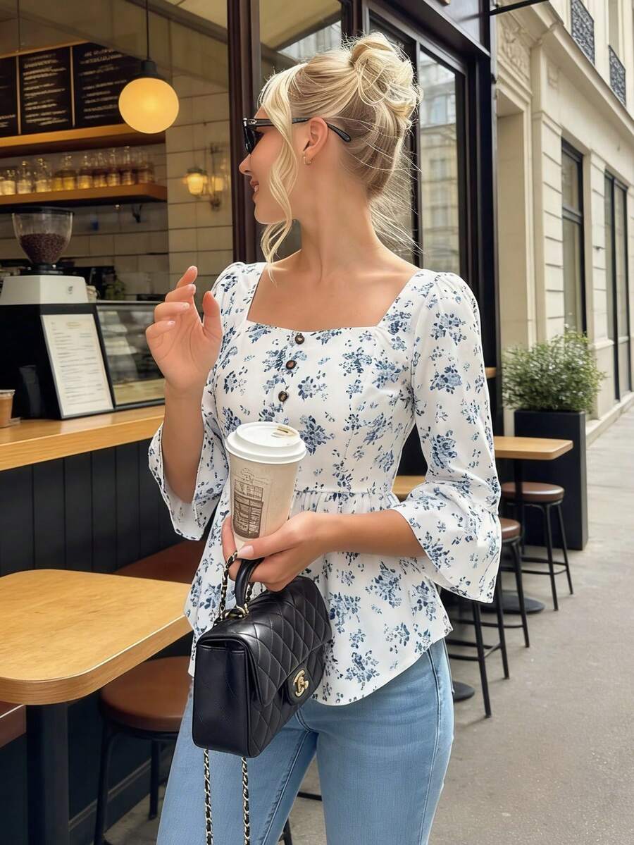 Pariaura 优雅女士蓝白瓷纹复古腰带方领泡泡袖纽扣前襟梭织衬衫 - 藍色 - 查看 1