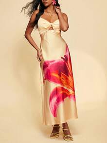 Travachic Vestido camisola feminino elegante com estampa floral e detalhe torcido, ideal para férias, vestido longo de festa, perfeito para o verão, vestido de verão, looks de verão, vestidos de verão femininos, looks de praia femininos, vestido amarelo, vestidos elegantes femininos, vestido longo elegante, vestido para festa de casamento, casamentos e eventos, vestido de madrinha, looks de férias femininos - Multicolorido - Ver 6