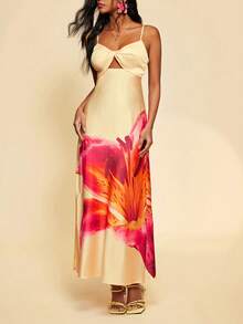Travachic Vestido camisola feminino elegante com estampa floral e detalhe torcido, ideal para férias, vestido longo de festa, perfeito para o verão, vestido de verão, looks de verão, vestidos de verão femininos, looks de praia femininos, vestido amarelo, vestidos elegantes femininos, vestido longo elegante, vestido para festa de casamento, casamentos e eventos, vestido de madrinha, looks de férias femininos - Multicolorido - Ver 2