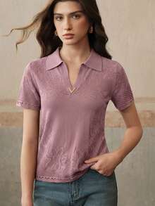 Anewsta Elegante y digna blusa de punto con escote en V, bordado floral y calado, para primavera/verano - Rosa - Ver 6