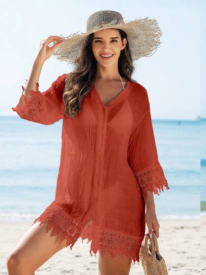 Swim Vcay Women's Solid Color V-Neck Single-Breasted Casual Resort Beach Kimono Cover Up