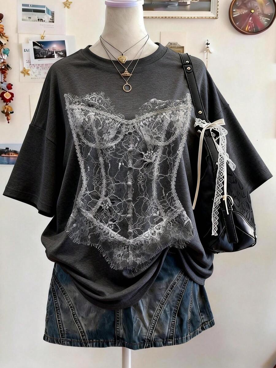 Lalippa Gothic Style Digital Print Casual Oversized Mid-Length Round Neck Drop Shoulder Women T-Shirt, Gift For Friends - Multicolor - View 1