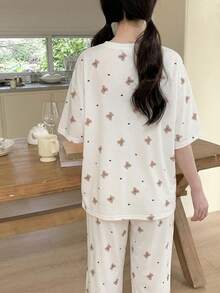 SHEIN Setelan Piyama 2 Potong untuk Remaja Perempuan: Atasan Lengan Pendek Leher Bulat Motif Beruang Warna-warni Lucu dan Celana Longgar, Anak-anak - MultiWarna - View 2