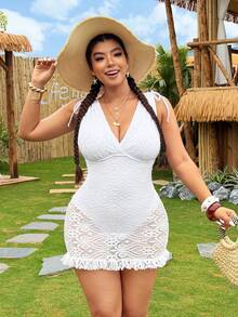 Swim Vcay Plus Size Women Deep V-Neck Ruched Elegant Cinched Waist Shoulder Swimsuit Dress - White - View 3
