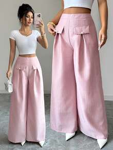 Elenzga Women's Pink Faux Pocket Design Elegant Wide Leg Pants For Commuting - Pink - View 1