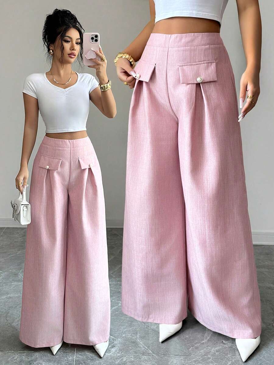 Elenzga Women's Pink Faux Pocket Design Elegant Wide Leg Pants For Commuting - Pink - View 1