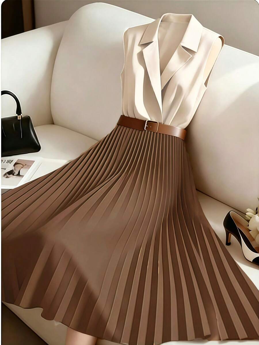 Franclia Women's Elegant Classy Brown Stripe Pleated Dress,Sleeveless Shirt-Style Lapel Semi-Open Front Two-Tone Mid-Length Dress For Summer Office Workplace - Multicolor - View 1