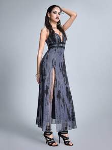 ROMWE Goth 深V领高开衩连衣裙，饰有深海气泡印花 - 彩色 - 查看 4