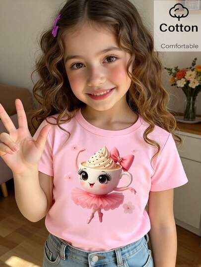 Girls' Casual Cute Cartoon Cup, Ballet Girl, Heart, Bow, Flower Graphic Print Comfortable Basic Cotton T-Shirt, Cozy Summer & Fall Styles For Girls