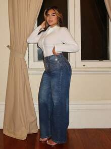 Maria Perezxox 蓝色喇叭裤，适合秋冬、圣诞节、新年，优雅、奢华、别致、休闲 - 深色水洗藍 - 查看 4