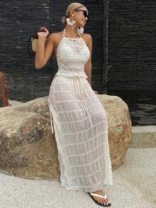 Livesso 女士透视系带上衣和长裙休闲沙滩装，性感优雅 - 杏色 - 查看 5