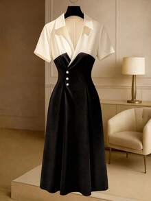 GlowEve CURVE Vestido de manga corta con fruncido y bloques de color negro y blanco para mujer de talla grande, adecuado para primavera, verano, otoño, invierno, bodas y fiestas - Blanco y Negro - Ver 8