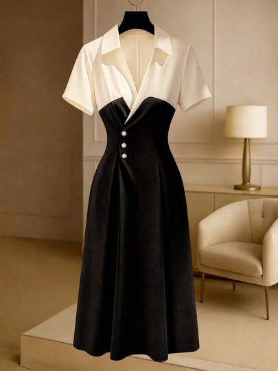 GlowEve CURVE Plus Size Women's Black & White Color Block Ruched Short Sleeve Dress, Suitable For Spring, Summer, Autumn, Winter, Wedding, Party