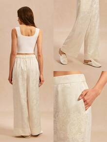 LUVLETTE Cream Satin Wide-Leg Sleep Pants - Pattern Lounge Trousers Elegant Home Wear Culotte Pyjama - Apricot - View 3