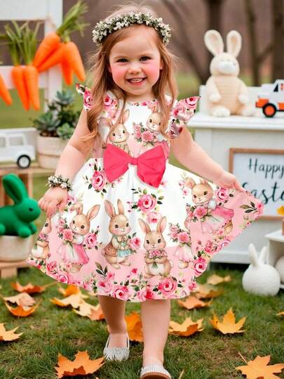SHEIN Vestido de punto con estampado floral y corbata de moño, elegante y lindo para bebé niña