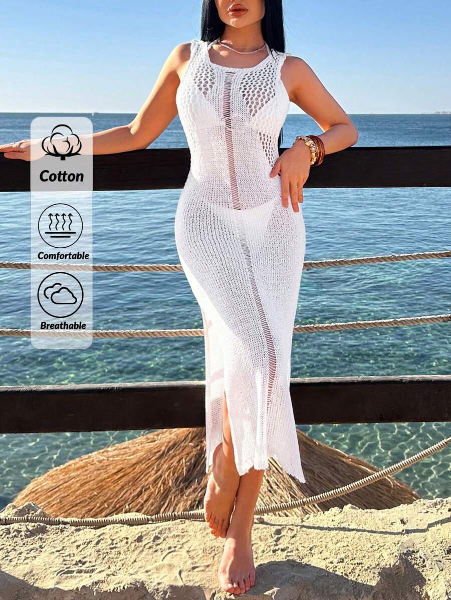 EURMUSE Robe longue en crochet ajourée en fil de laine de haute qualité - Blanc - Voir 1