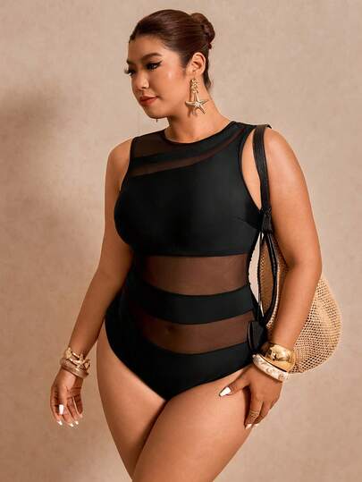 Elaquor Plusstorlek Dam Enfärgad Kontrast Mesh Baddräkt i Helt Stycke