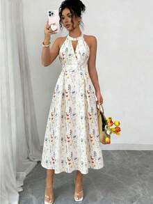 SHEIN Franclia Franclia 女士优雅度假风圆领镂空性感露背碎花连衣裙，碎花连衣裙，春夏款 - 杏色 - 查看 1