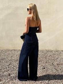 Livesso 春夏商务休闲金属扣装饰无袖外套和直筒牛仔裤两件套女装 - 深色水洗藍 - 查看 6