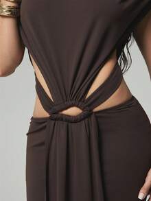 Hauture Đầm maxi dáng đuôi cá, chất liệu jersey trơn, xếp ly, hở hông, có dây thắt lưng. - màu nâu - Xem 5